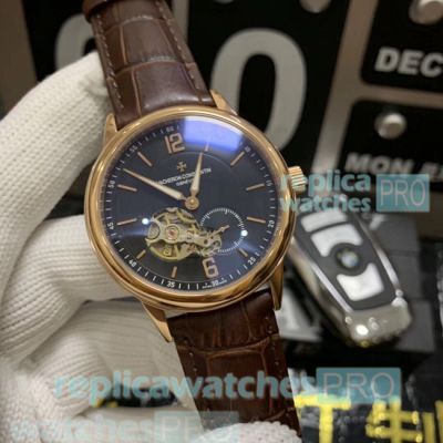 Buy Online Copy Vacheron Constaintin Patrimony Black Dial Brown Leather Strap Rose Gold Watch